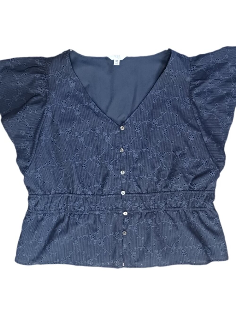 Time and Tru Womans Blouse Button Down Navy Blue Size 2XL 20 Floral Pattern